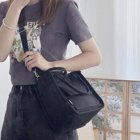 Canvas Tote Bag for Women, Casual Crossbody Shoulder Handbag with Multi-Pocket and Detachable Shoulder Strap, Durable Material, Black in Saudi Arabia