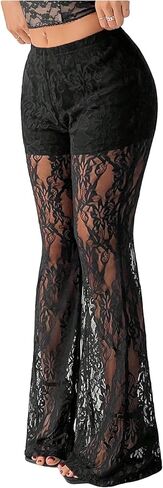 GORGLITTER المرأة الأزهار الدانتيل جرس أسفل السراويل بقماش شفاف مضيئة الساق مثير Y2K نحيل طماق بنطلون in Kuwait