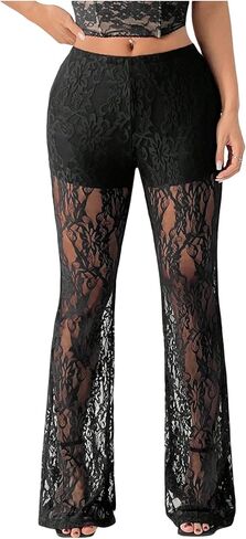GORGLITTER Women's Floral Lace Bell Bottom Pants Sheer Mesh Flare Leg Sexy Y2K Skinny Leggings Trousers in Saudi Arabia