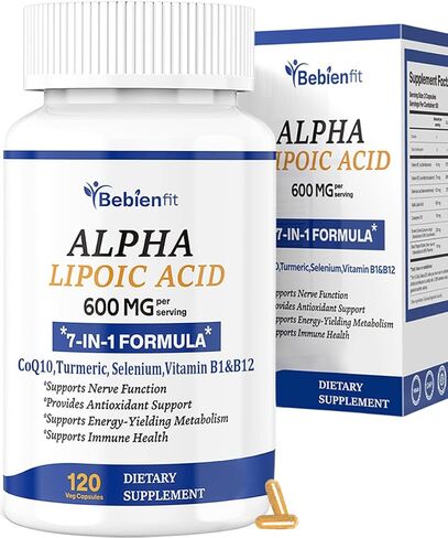 بيبيان فيت حمض ألفا ليبويك 600 ملغ + CoQ10 ونشط B1 وB12 - دعم الاعتلال العصبي 7 في 1 - تقوية الأعصاب في اليدين والقدمين - مضاد للأكسدة، طاقة الخلايا والتمثيل الغذائي - نباتي، خالي من الغلوتين، 120 كبسولة in Kuwait