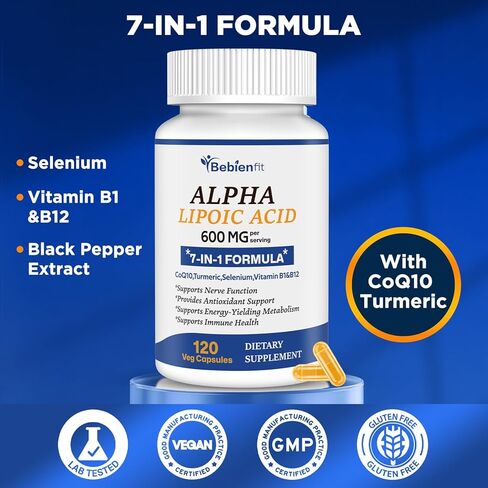 بيبيان فيت حمض ألفا ليبويك 600 ملغ + CoQ10 ونشط B1 وB12 - دعم الاعتلال العصبي 7 في 1 - تقوية الأعصاب في اليدين والقدمين - مضاد للأكسدة، طاقة الخلايا والتمثيل الغذائي - نباتي، خالي من الغلوتين، 120 كبسولة in Kuwait