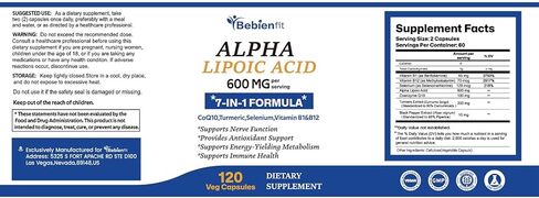 بيبيان فيت حمض ألفا ليبويك 600 ملغ + CoQ10 ونشط B1 وB12 - دعم الاعتلال العصبي 7 في 1 - تقوية الأعصاب في اليدين والقدمين - مضاد للأكسدة، طاقة الخلايا والتمثيل الغذائي - نباتي، خالي من الغلوتين، 120 كبسولة in Kuwait
