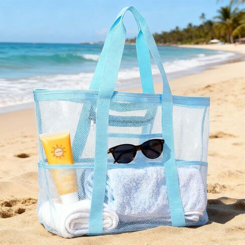 Large Mesh Beach Bag - Sandproof Foldable Lightweight Swim Tote, Oversized Family Pool Boat Bag with Zipper & Pockets in Saudi Arabia