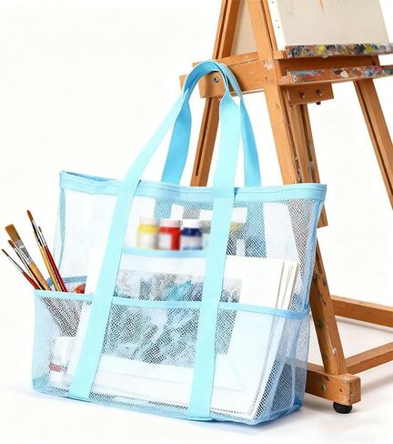 Large Mesh Beach Bag - Sandproof Foldable Lightweight Swim Tote, Oversized Family Pool Boat Bag with Zipper & Pockets in Saudi Arabia