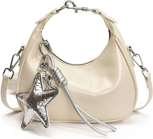 Maycred Y2K Women's Small Glossy Patent Leather Shoulder HandBag with Star Hanging Accessories Crescent Purse Crossbody Bags in Saudi Arabia