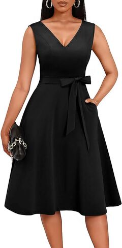 Nmoder Midi Dresses for Women, Sleeveless V Neck Cocktail Dress with Belt Retro Vintage Wedding Guest Dress with Pockets in Saudi Arabia