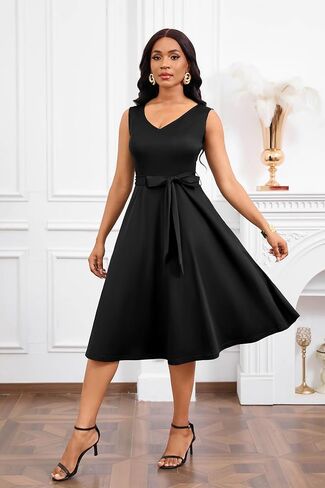 Nmoder Midi Dresses for Women, Sleeveless V Neck Cocktail Dress with Belt Retro Vintage Wedding Guest Dress with Pockets in Saudi Arabia