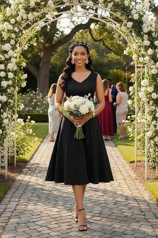 Nmoder Midi Dresses for Women, Sleeveless V Neck Cocktail Dress with Belt Retro Vintage Wedding Guest Dress with Pockets in Saudi Arabia