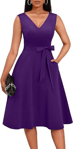 Nmoder Midi Dresses for Women, Sleeveless V Neck Cocktail Dress with Belt Retro Vintage Wedding Guest Dress with Pockets in Saudi Arabia