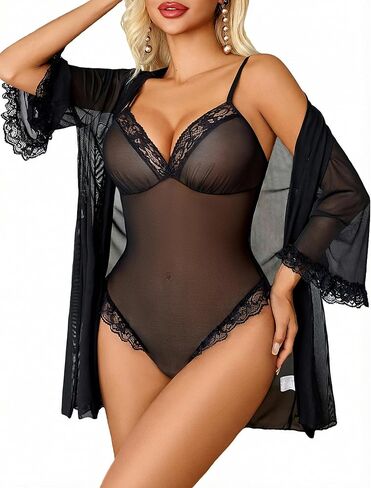 Avidlove Lingerie for Women Sexy Lace Bodysuit Robe Set 2 Piece Mesh Teddy Kimonos Sleepwear Boudoir Outfits S-XXL in Saudi Arabia
