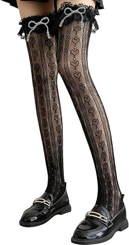 Lace Heart Pattern Faux Pearl Bow Fishnet Over-The-Knee Socks Hollow Out High Stockings Spring Summer in Saudi Arabia