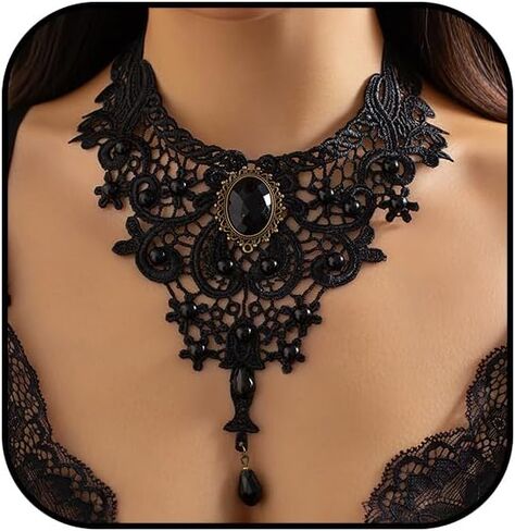 Black Lace Choker Necklace for Women Gothic Crystal Necklace Goth Collar Choker Necklaces Vintage Victorian Necklaces Halloween Costume Accessories in Kuwait