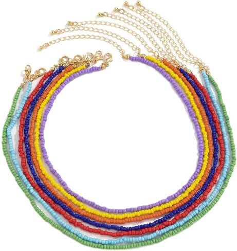 Colorful Beaded Necklace for Women 7Pcs Handmade Rainbow Layered Rice Beaded Necklaces Vintage Seed Bead Choker Necklace Bohemian Hawaiian Beach Adjustable Jewelry Gifts in Saudi Arabia