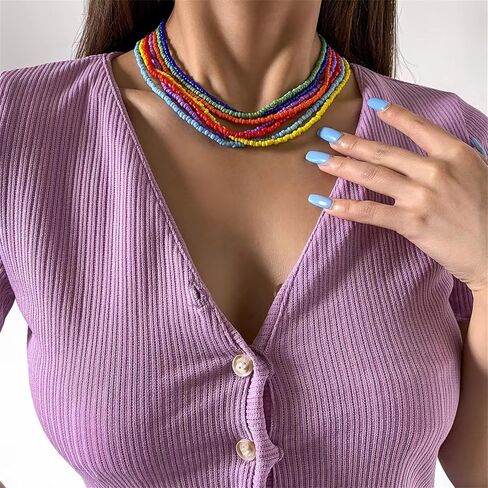 Colorful Beaded Necklace for Women 7Pcs Handmade Rainbow Layered Rice Beaded Necklaces Vintage Seed Bead Choker Necklace Bohemian Hawaiian Beach Adjustable Jewelry Gifts in Saudi Arabia