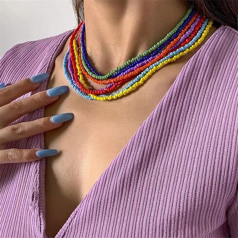 Colorful Beaded Necklace for Women 7Pcs Handmade Rainbow Layered Rice Beaded Necklaces Vintage Seed Bead Choker Necklace Bohemian Hawaiian Beach Adjustable Jewelry Gifts in Saudi Arabia