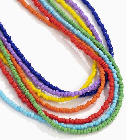 Colorful Beaded Necklace for Women 7Pcs Handmade Rainbow Layered Rice Beaded Necklaces Vintage Seed Bead Choker Necklace Bohemian Hawaiian Beach Adjustable Jewelry Gifts in Saudi Arabia