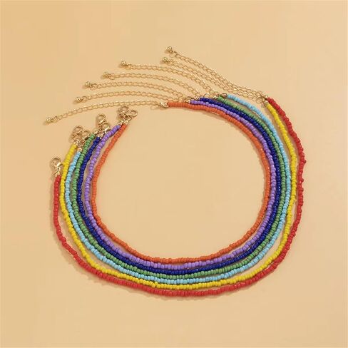 Colorful Beaded Necklace for Women 7Pcs Handmade Rainbow Layered Rice Beaded Necklaces Vintage Seed Bead Choker Necklace Bohemian Hawaiian Beach Adjustable Jewelry Gifts in Saudi Arabia