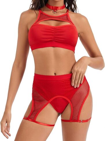 Kiruhytan Women‘s Rave Outfits Set: Cutout Fishnet Lingerie Top High Waisted Dance Shorts for Festival Party in Saudi Arabia