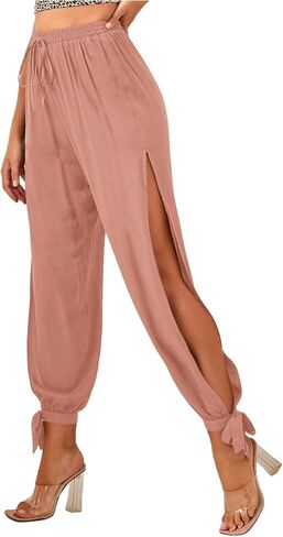WDIRARA Women's High Waisted Slit Harem Pants Bow Tie Drawstring Cropped Trousers in Saudi Arabia