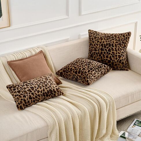 أغطية وسائد GALMAXS7 الفهد مقاس 18x18 من الفرو الصناعي، مجموعة من 2 أغطية وسائد على شكل أريكة الفهد، ديكور ناعم منفوش للمنزل وغرفة المعيشة وغرفة النوم in Kuwait