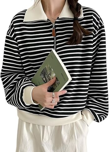 Women's Striped Quarter-Zip Sweatshirt - Collar Neck Pullover Top in Saudi Arabia
