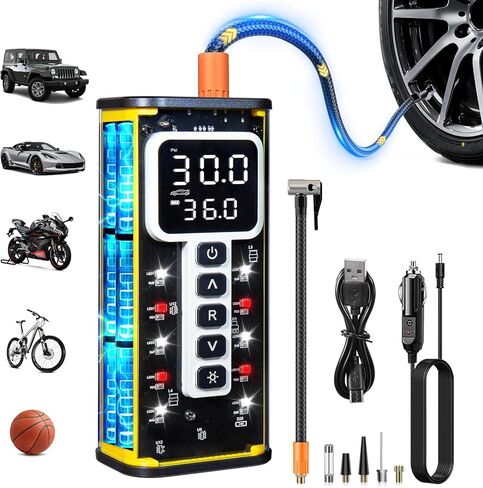 Tire Inflator Portable Air Compressor, 150PSI Cordless Air Pump for Car Tires, 4X Faster 12V DC Tire Pump with Tire Pressure Gauge, LED Light for Cars, Motorcycles, Bikes, Balls (Silver) in Kuwait