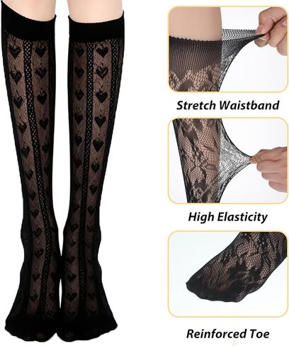 Xthrotsenk 6 أزواج من جوارب الركبة العالية للنساء، جوارب دانتيل عالية الركبة، أبيض وأسود، جوارب دانتيل للنساء للأحذية طويلة الرقبة، تنورة قصيرة، أحذية (أسود، أبيض) in Kuwait