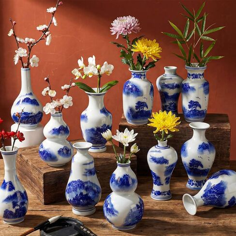 Maxcheck 12 Pcs Porcelain Blue and White Vase, Mini Chinoiserie Vintage Ceramic Oriental Vase Classic Handmade Chinese Flower Jardiniere for Home Office Table Decor in Saudi Arabia