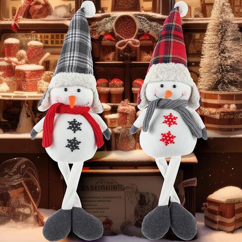 Threehoney 2 Pcs 27.6" Stuffed Snowman Sitting Plush Decor Christmas Long Leg Snowman Stuffed Toy with Scarf and Hat Farmhouse Rustic Christmas Tabletop Ornaments for Xmas Holiday Decor(Snowflake) in Saudi Arabia