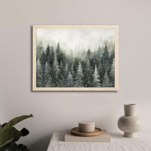 Framed Green Pine Forest Wall Art pine tree Canvas Print forest Snow Scene Poster Picture Home Wall Winter Nature Gallery Artwork Painting 16x24 inch Ready to Hang in Saudi Arabia