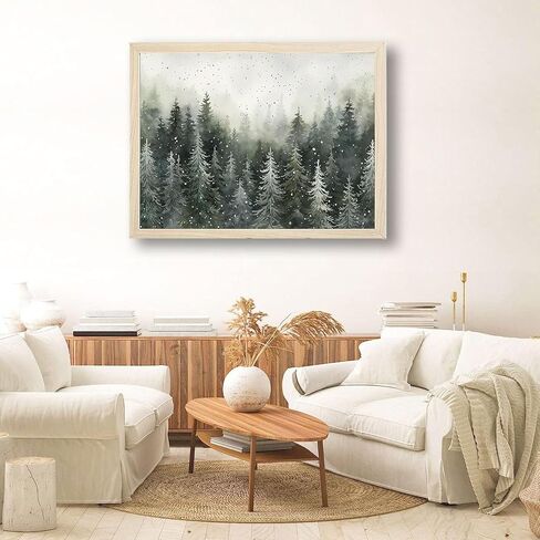 Framed Green Pine Forest Wall Art pine tree Canvas Print forest Snow Scene Poster Picture Home Wall Winter Nature Gallery Artwork Painting 16x24 inch Ready to Hang in Saudi Arabia