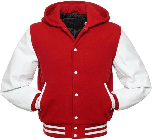 TRENDS GENESIS Men's Hooded Lettermans Varsity Jacket Real Leather Sleeve Casual Sports School Baseball Bomber Jackets in Saudi Arabia