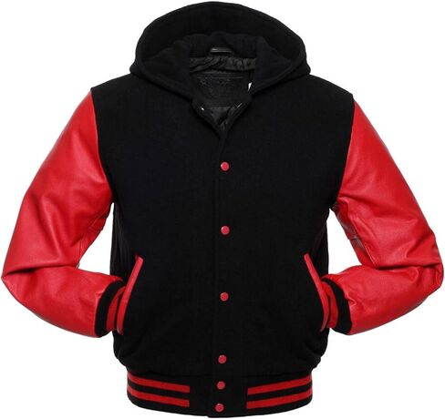 TRENDS GENESIS Men's Hooded Lettermans Varsity Jacket Real Leather Sleeve Casual Sports School Baseball Bomber Jackets in Saudi Arabia