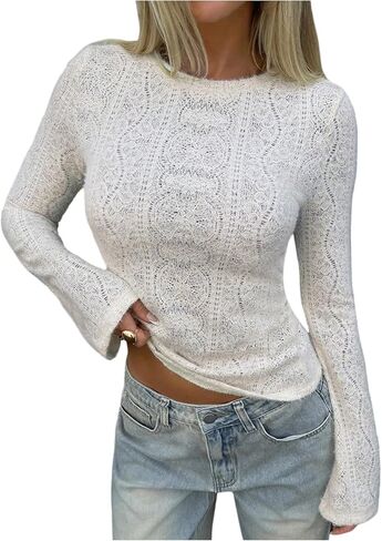 SweatyRocks Women's Hollow Out Sweaters Long Sleeve Crewneck Slim Fitted Knit Pullover Tops in Saudi Arabia