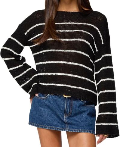 Women Y2K Knit Sweater Drop Shoulder Lightweight Boat Neck Loose Fit Oversized Sheer Knit Sweater Pullover Knitwear in Saudi Arabia
