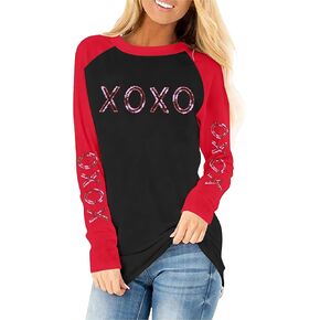 قمصان عيد الحب للنساء تي شيرت مطبوع عليه حروف الحب تي شيرت مضحك بالترتر لعيد الحب XOXO بأكمام طويلة كاجوال in Kuwait