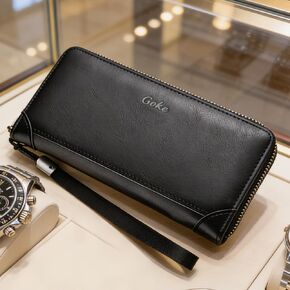 Mens Long Wallet with Zipper, Large Capacity Leather Billfold with Multiple Card Slots and Document Pocket, Multi-Functional RFID Blocking Organizer (Black) in Kuwait
