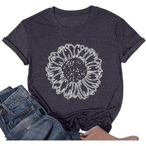 Women's Sunflower Shirt Cute Flower Blessing Pattern T-Shirt Loose Round Neck Casual Top in Saudi Arabia