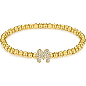 Gold Initial Bracelet for Women: Dainty 14K Gold Plated Stretch Beaded Bracelet with Cubic Zirconia Letter Charm, Adjustable for Small Wrist, Valentine‘s Day Birthday Graduation Gift for Her in Saudi Arabia