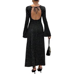 Milumia Women's Polka Dots Long Bell Sleeve Maxi Dress Open Back A Line Wedding Guest Party Club Dresses in Kuwait