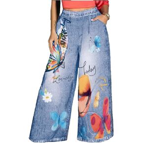 سروال جينز نسائي من GORGLITTER بتصميم فراشة واسع الساق من قماش الدنيم مرن عالي الخصر فضفاض ملابس الشارع in Kuwait