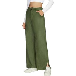 Ladyful Faux Suede Wide Leg Pants for Women Stretchy High Waisted Casual Side Split Leather Pant Trouser in Saudi Arabia