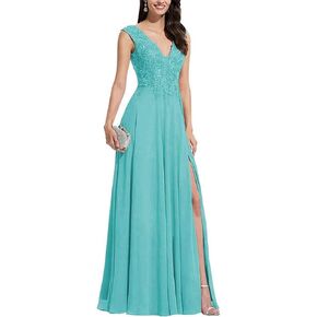 فساتين وصيفة العروس من WIEQYO مقاس كبير ورقبة على شكل V من الشيفون والأربطة مزينة بخط طويل وفتحة طويلة فساتين سهرة رسمية in Kuwait