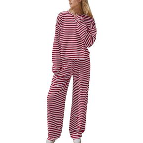 OLAPTA 2 Piece Striped Lounge Sets Women Long Sleeve Crewneck Shirts Wide Leg Pants 2025 Fall Casual Pajama Matching Outfits in Kuwait