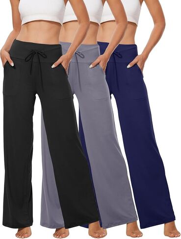 JULGIRL 3 قطع من سراويل اليوغا النسائية ذات الساق الواسعة، سراويل رياضية بيجامة مريحة للاستراحة، قيعان بالازو غير رسمية مع جيوب in Kuwait