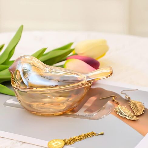 Funny live Bird Shaped Glass Jewelry Box Organizer, Transparent Glass Art Home Decor Novel Jewelry Storage Decoration Ring Earring Holder for Women Girls (Amber) in Saudi Arabia
