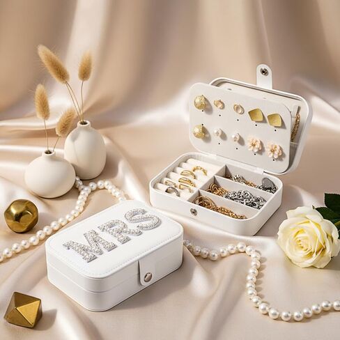 DoubleFill Mrs Travel Jewelry Box for Bride Travel Portable Jewelry Case Small PU Leather Organizer Storage Accessories Something Blue White for Wedding Bridal Shower Gift Engagement Present(White) in Saudi Arabia