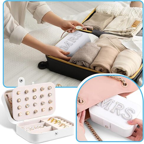 DoubleFill Mrs Travel Jewelry Box for Bride Travel Portable Jewelry Case Small PU Leather Organizer Storage Accessories Something Blue White for Wedding Bridal Shower Gift Engagement Present(White) in Saudi Arabia