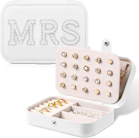 DoubleFill Mrs Travel Jewelry Box for Bride Travel Portable Jewelry Case Small PU Leather Organizer Storage Accessories Something Blue White for Wedding Bridal Shower Gift Engagement Present(White) in Saudi Arabia