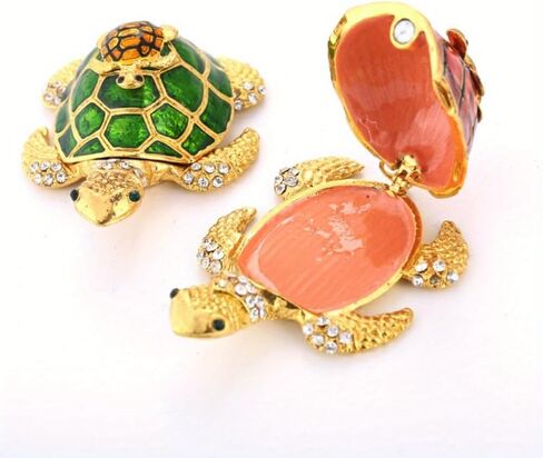1Pc Crystals Bejeweled Turtle Trinket Box Hinged Enameled Mother-Child Tortoise Animal Figurine Jewelry Ring Holder Box Home Decor (Orange) in Saudi Arabia